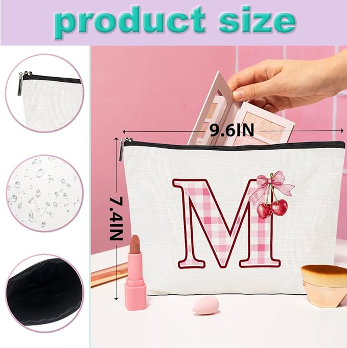 Initial Makeup Bag Monogram Cosmetic Bag Monogrammed Gifts for Women Girls Friends Coworker Employee Personalized Travel Toiletry Bag Christmas Bridal Shower Wedding Bridesmaid Gifts, Cherry M