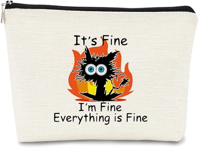 Funny Cute Cat Makeup Bag,Its Fine Im Fine Everythings Fine,Black Cat Cosmetic Bag,Fire Keep Calm Small Pouch,Birthday Gift,Coworker Gifts,Cat Lover Gifts for Women