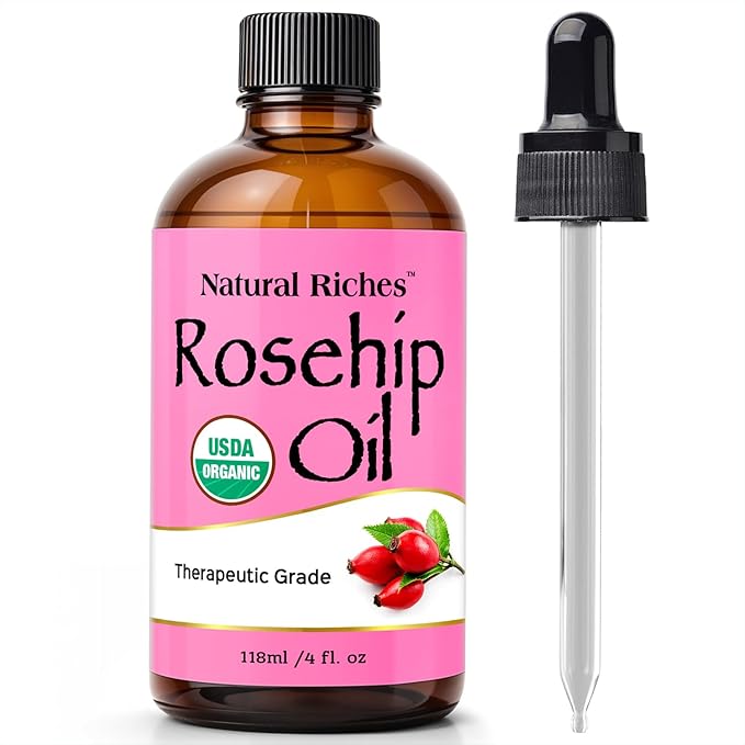 Natural Riches Organic Rosehip Seed Oil for Face 100% Pure Natural Cold Pressed Unrefined Non-GMO Carrier Oil for Skin Hair & Nails. 4 fl oz.
