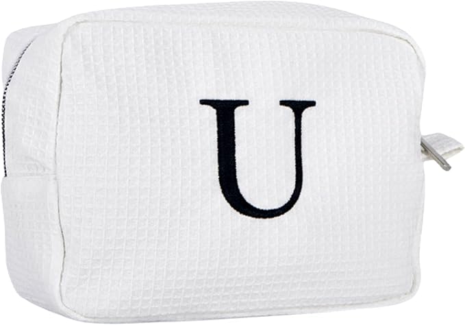 Personalized White Waffle Makeup Bag,Custom Embroidered Initial Cosmetic Pouch for Women,Monogrammed Cosmetic Case,Bridesmaid Gifts (U)