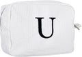 Personalized White Waffle Makeup Bag,Custom Embroidered Initial Cosmetic Pouch for Women,Monogrammed Cosmetic Case,Bridesmaid Gifts (U)