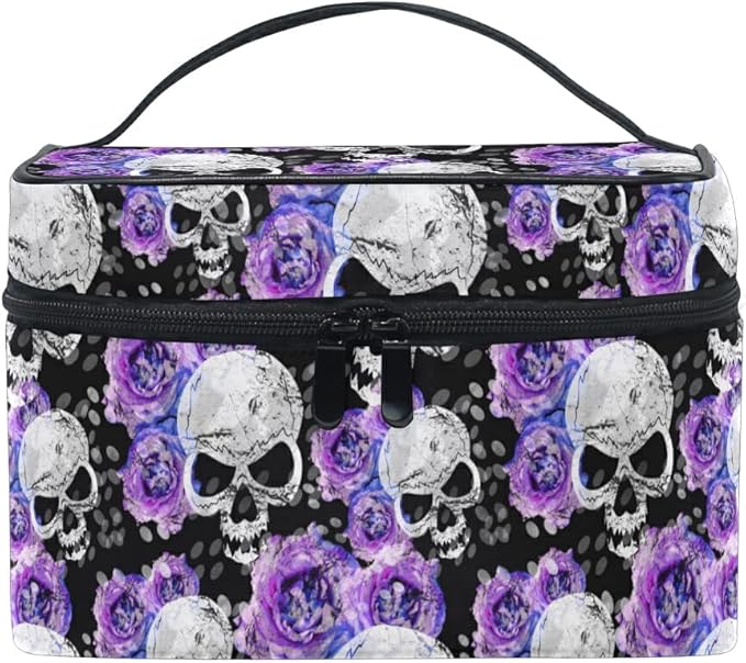 Skull Makeup Bag Purple, Flowers and Skull Gothic Makeup Organizer Bags Toiletry Bag Box Travel Cosmetic Bag Make Up Train Case for Women Teen Girl Ladies