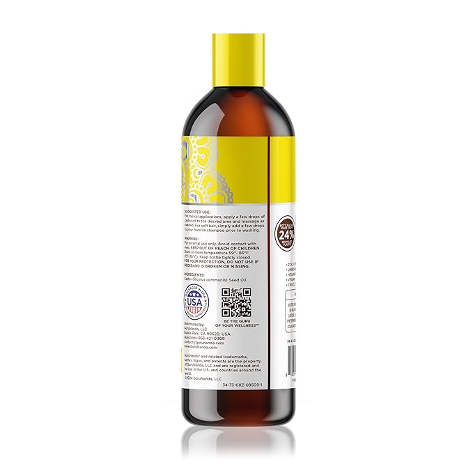 GuruNanda Castor Oil (8 Fl oz), 100% Pure & Natural - Cold Pressed & Hexane-Free, Hydrating Carrier Oil for Skin, Hair, Eyebrows & Eyelashes Growth