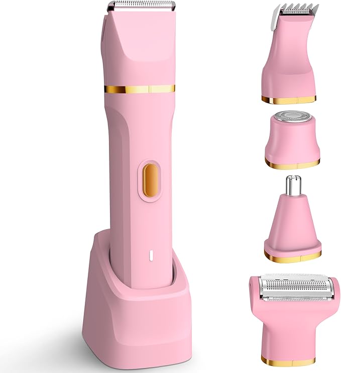 KINGTEE 5-in-1 Electric Bikini Trimmer for Women – IPX7 Waterproof Shaver, Cordless Body & Facial Razors for Women, Ceramic Blades, USB-C Rechargeable, Painless Hair Removal Kit (Pink)