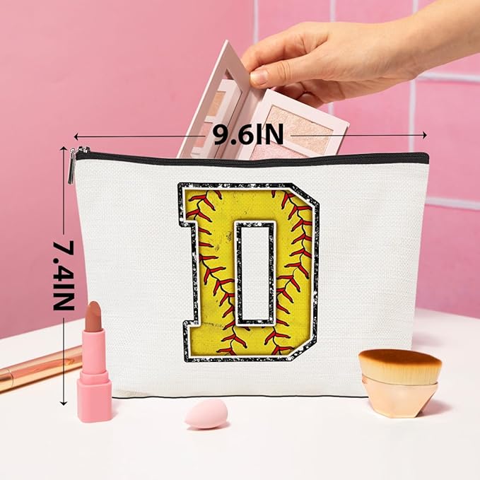 Monogrammed Cosmetic Bag - Initial Makeup Bag with D Zipper Pouch - Softball Accessories for Girls & Women - Graduation & Birthday Gifts