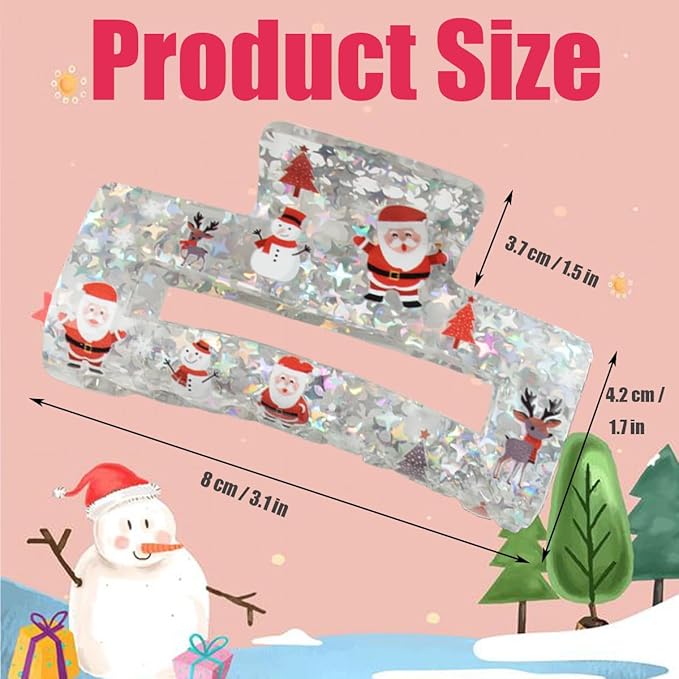 Christmas Hair Clips - Acrylic Square Transparent Large Claw Clip for Medium Thick Hair Styling - Santa Claus Elk Snowman Glitter Design Nonslip Clamp Accessories - 1Pcs Christmas Hair Decorations