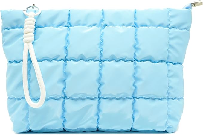 Puffer Quilted Makeup Bag Travel Cosmetic Bag Portable Puffy Checkered Toiletry Pouch Skincare Organizer Purse Pencil Case (Light Blue)