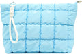 Puffer Quilted Makeup Bag Travel Cosmetic Bag Portable Puffy Checkered Toiletry Pouch Skincare Organizer Purse Pencil Case (Light Blue)
