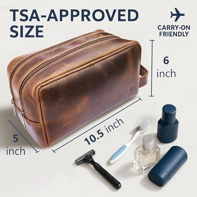 RUSTIC TOWN Leather Toiletry Bag for Men - Travel Shaving Ditty Kit - Bathroom Shower Toiletries Organizer - Leather Cosmetic Bag for Women (Antique Brown)