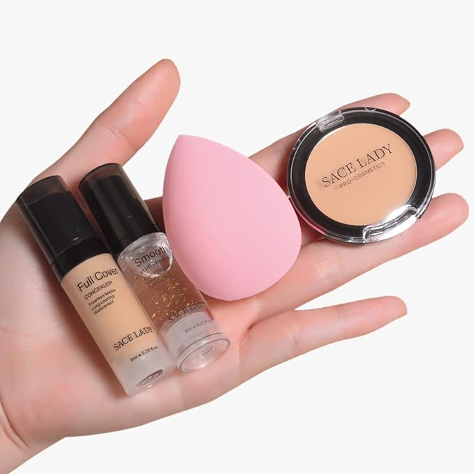 Waterproof Full Coverage Concealer with Primer Sponge Set, Smooth Matte Flawless Creamy Liquid Foundation Corrector Makeup Kit Face Eye Dark Circles Spot Acne Scar Covers (0.2Fl, Color: 3.5-MEDIUM)