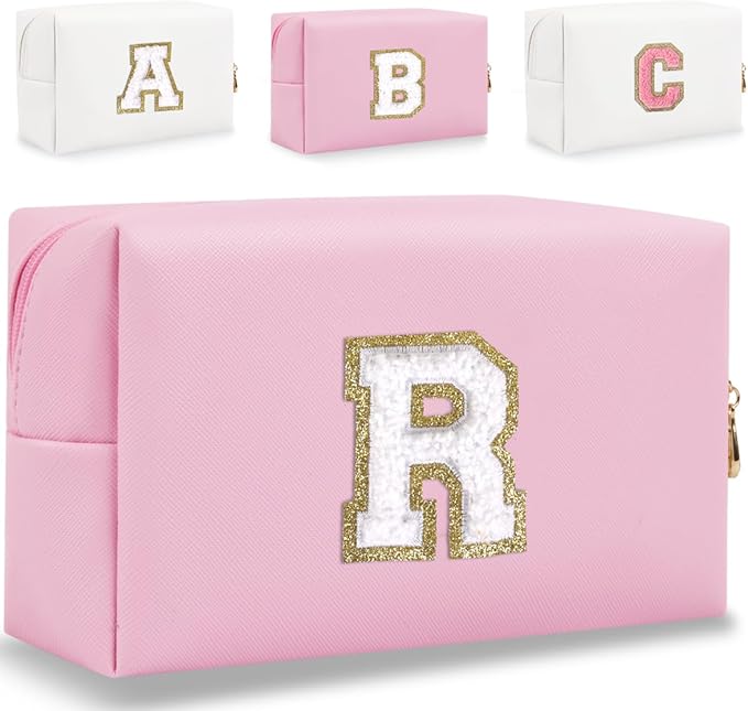 Small Personalized Letter Makeup Bag, Cute PU Leather Chenille Letters Cosmetic Bag Travel Makeup Pouch, Preppy Travel Organizer Zipper Pouch for Women&Girls（Pink-R）