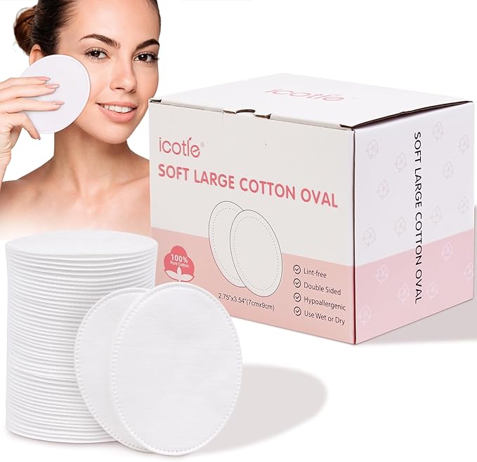 Oval Cotton Pads (100 Count) Ultra-Soft Cotton Ovals 100% Cotton Spunlace Purely Physical Technology, Large Makeup Remover Pads Facial Cotton Pads for Makeup Removal, Cleansing, Toner Application