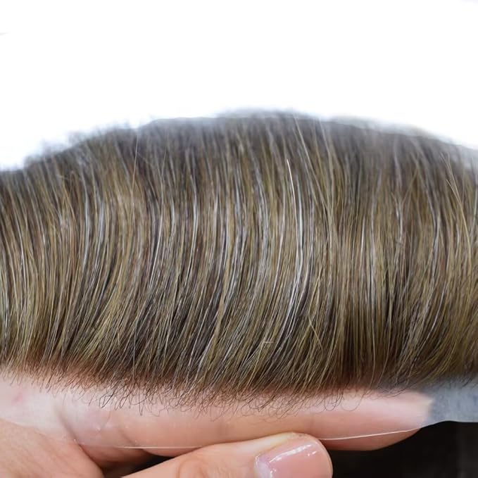 FACE MIRACLE Hair System for Men French Lace Mens Toupee Human Hair Replacement System Lace with PU Toupee for Men Male Hair Piece Wigs 6"X8" #740 7# VERY LIGHT BROWN WITH 40% SYNTHETIC GREY