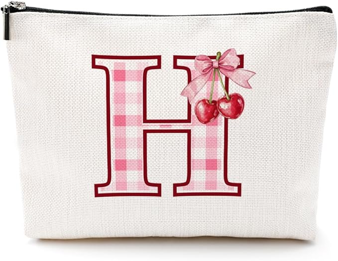 Initial Makeup Bag Monogram Cosmetic Bag Monogrammed Gifts for Women Girls Friends Coworker Girlfriend Personalized Travel Toiletry Bag Christmas Bridal Shower Wedding Bridesmaid Gifts, Cherry H