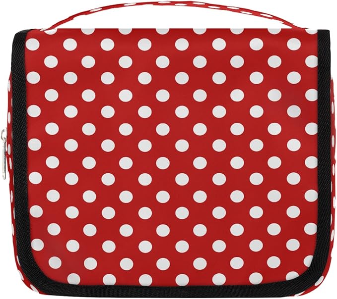 Travel Toiletry Bag for Women & Men Red White Polka Dot Hanging Cosmetic Organizer Portable Waterproof Makeup Case Make Up Bag with Compartments Travel Essentials for Bathroom Shower