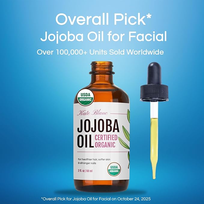 Kate Blanc Cosmetics Organic Jojoba Oil for Hair, Skin & Face (2oz, 100% Pure Cold Pressed, Natural). Gua Sha Oil for Face & Dermaplaning