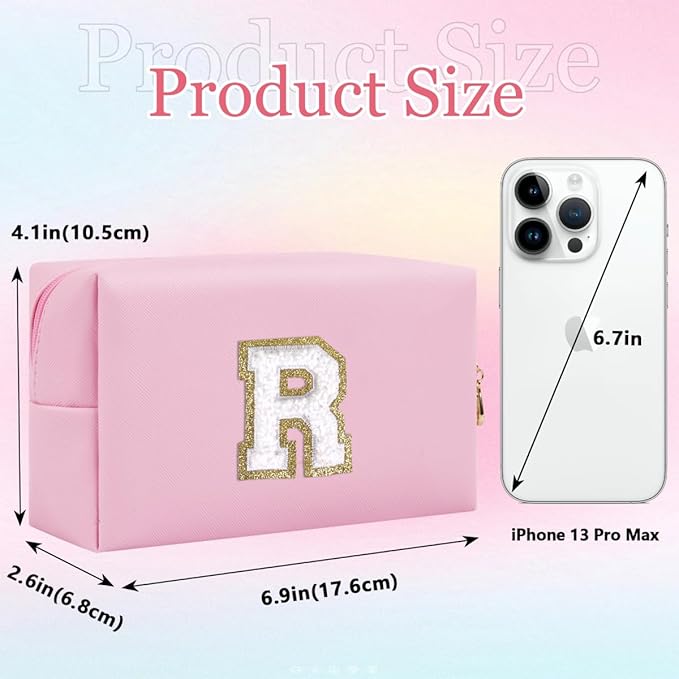 Small Personalized Letter Makeup Bag, Cute PU Leather Chenille Letters Cosmetic Bag Travel Makeup Pouch, Preppy Travel Organizer Zipper Pouch for Women&Girls（Pink-R）