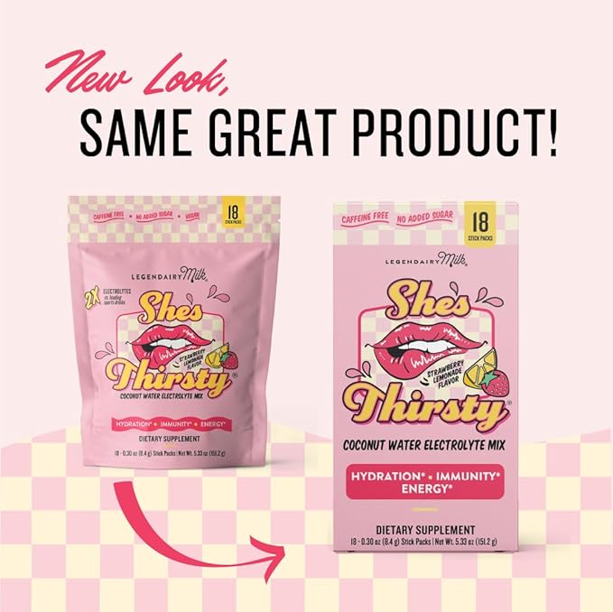 Legendairy Milk She’s Thirsty – Strawberry Lemonade, Hydration Packets | Cortisol Supplement for Stress Relief & Adrenal Support | Coconut Water Electrolytes Powder, No Sugar Added 18 ct