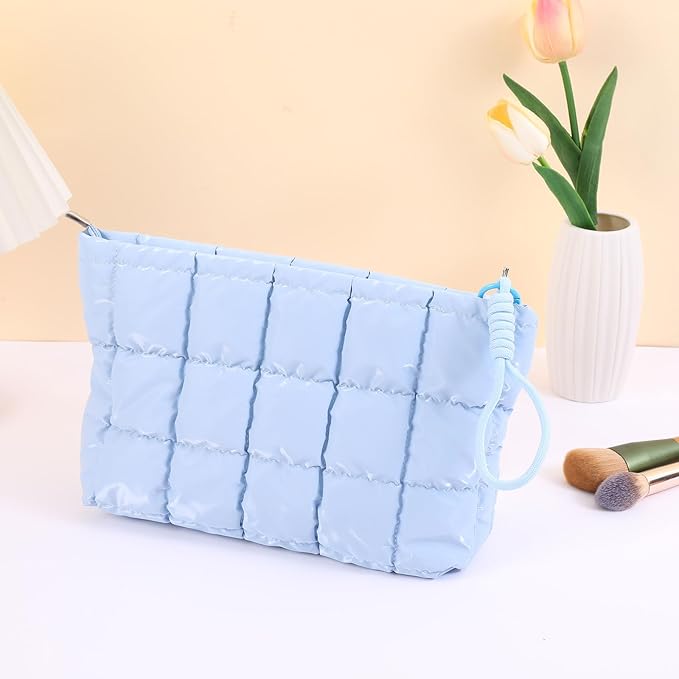 Puffer Quilted Makeup Bag Travel Cosmetic Bag Portable Puffy Checkered Toiletry Pouch Skincare Organizer Purse Pencil Case (Sky Blue)