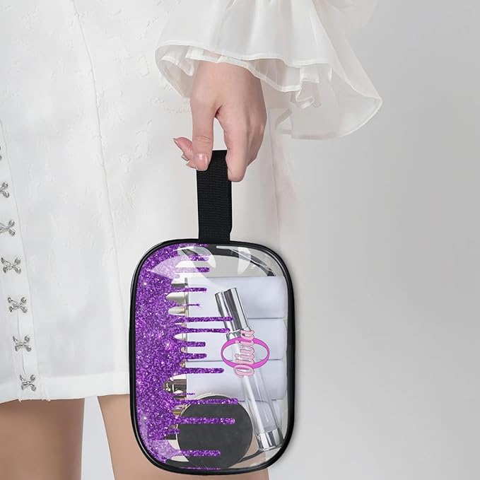Personalized Transparent Makeup Bag with Name, Travel Clear Cosmetic Bag for Women, Friends, Mother's Day, Bridesmaid, Bride, Wedding, Graduation, Deep Purple Sequins Fluid Shape