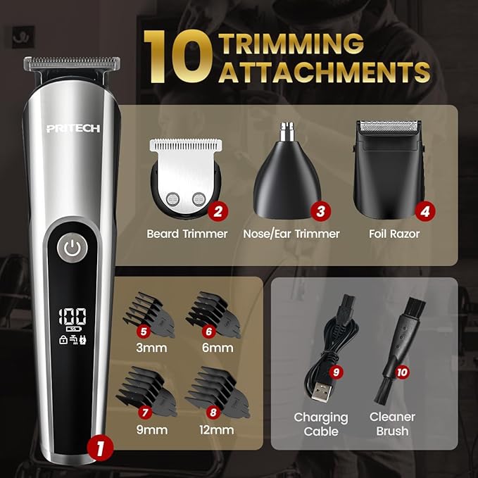 PRITECH Beard Trimmer for Men, 3 in 1 Hair Clippers for Men Kit, Nose,Ear,Micro Electric Shaver, Mens Grooming Set Cordless with LED Display IPX6 Waterproof (Silver)