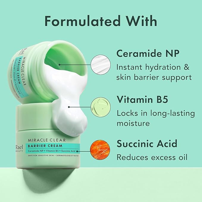 Rael Face Moisturizer, Miracle Clear Barrier Cream – Lightweight Moisturizer with Succinic Acid and Vitamin B5, Hydration, Korean Skin Care (1.8 oz)