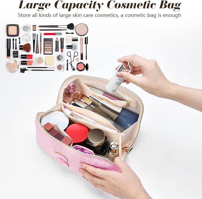 Personalized Initial Makeup Bag,Christmas Gifts for Girl,Preppy Bag Cosmetic Travel Bag Women,Travel Toiletry Organizer,Large Capacity Corduroy Stuff Bag,Cute Cosmetic Pouch Skincare Bag-T