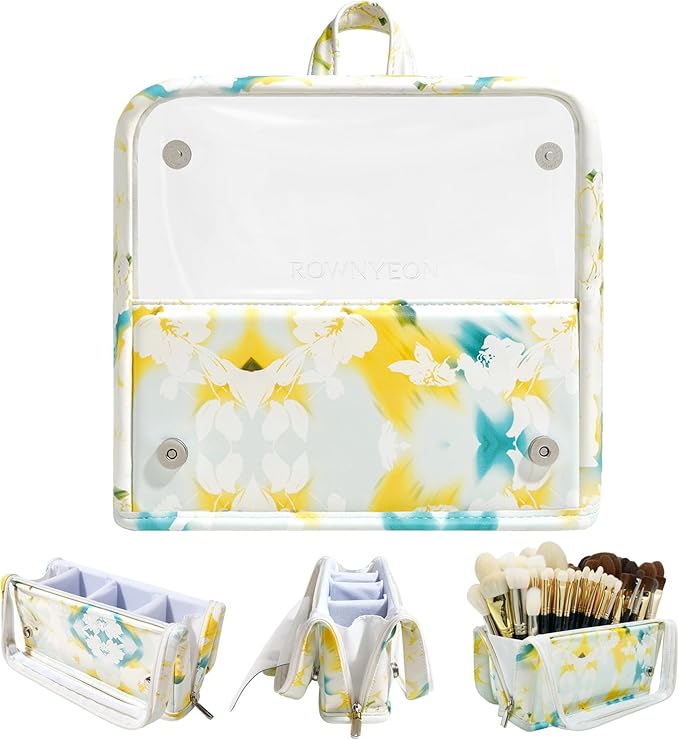ROWNYEON Makeup Brush Bag, High Capacity Stand-Up Makeup Brush Holder, Travel Professional Cosmetic Bag Artist Organizer Bag Large Makeup Brush Case with Adjustable Divider (Brushes Not included)