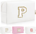 Personalized Initial Letter Patch Makeup Bag, Preppy Portable Chenille Letter Cosmetic Bag with Zipper, PU Leather Waterproof Travel Toiletry Bag Monogram Make Up Pouch for Women Girls(Letter P)