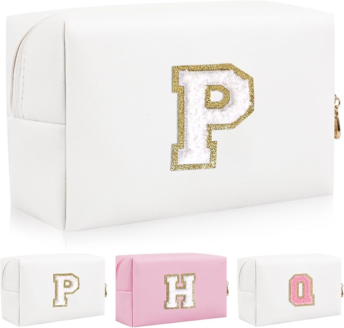 Personalized Initial Letter Patch Makeup Bag, Preppy Portable Chenille Letter Cosmetic Bag with Zipper, PU Leather Waterproof Travel Toiletry Bag Monogram Make Up Pouch for Women Girls(Letter P)