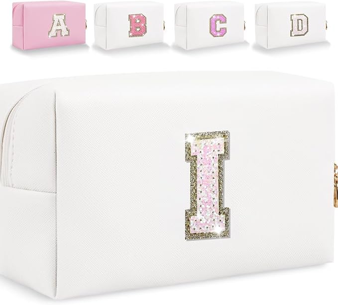 Small Personalized Glitter Initial Letter Makeup Bag, Cute PU Leather Chenille Letters Cosmetic Bag Travel Makeup Pouch, Preppy Travel Organizer Zipper Pouch for Women&Girls（White-I）