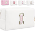 Small Personalized Glitter Initial Letter Makeup Bag, Cute PU Leather Chenille Letters Cosmetic Bag Travel Makeup Pouch, Preppy Travel Organizer Zipper Pouch for Women&Girls（White-I）