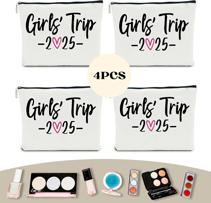 4 PCS Girls Trip Gifts Favors 2025 Girls Weekend Gifts for Women Bestie Gifts Friend Gifts Girls Trip Favors for Sister Niece Friendship Holiday Vacation Makeup Bag Weekend Bags for Women
