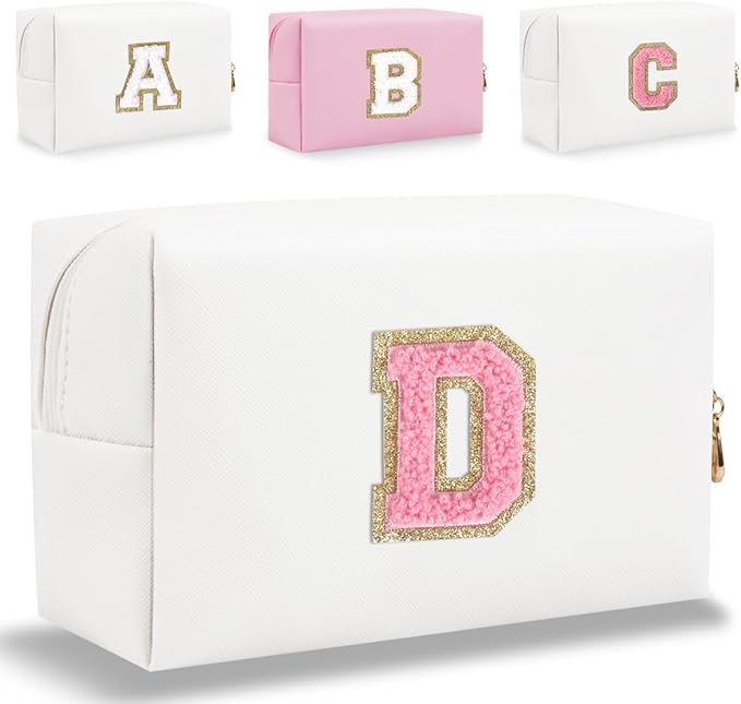 Small Personalized Letter Makeup Bag, Cute PU Leather Chenille Letters Cosmetic Bag Travel Makeup Pouch, Preppy Travel Organizer Zipper Pouch for Women&Girls（WhitePink-D）