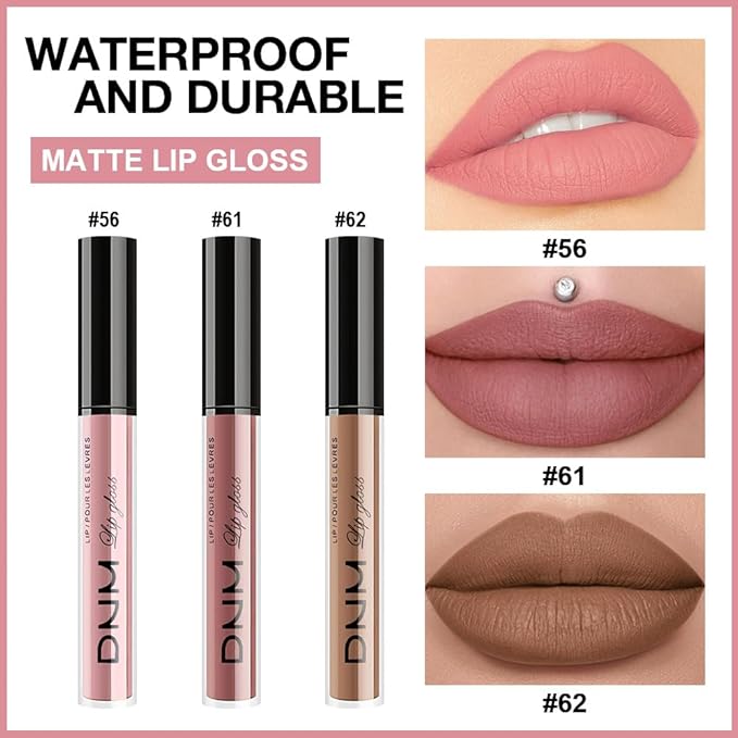 AMY'S DIARY 3Pcs Matte Liquid Lipstick Set, Peach Nude Rosewood Nude Caramel Brown Lip Stain Kit, Lip Stain Long Lasting 24 Non-Transfer Lip Gloss, Waterproof Lip Gloss Gift Makeup for Women Lippies