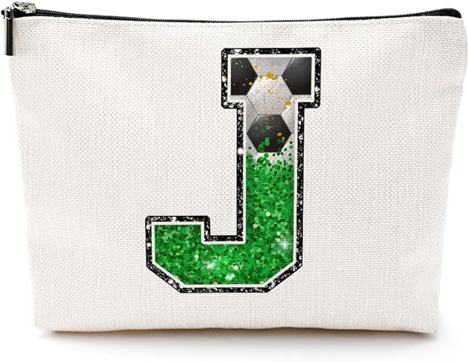 Soccer Gifts Initial Makeup Bag Monogrammed Cosmetic Bag Letter J Zipper Pouch Soccer Accessories for Girls Women Soccer Player Coach Friend Soccer Stuff Graduation Birthday Gifts