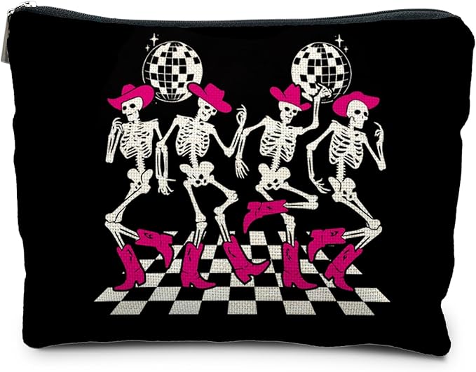 Gothic Dancing Skeleton Cowboy Makeup Bag, Western Goth Skull Cosmetic Bags for Women, Trendy Retro Black and White Checkered Makeup Pouch Zipper Pouch