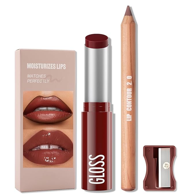 Erinde 2pcs Lip Liner and Lipstick Combo Set, Matte Lipliner Pencil & Hydrating Lip Gloss Makeup Kits for Women, Waterproof, Long Lasting, Highly Pigmented, Nude Brown Natural Lipstick, 04