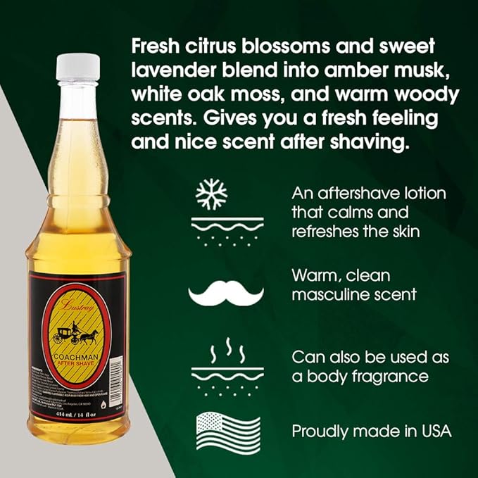 Lustray Coachman After Shave Lotion, Instantly Cools, Tones, Refreshes The Skin After Shaving 14 fl oz