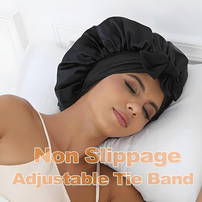 GDTOGRT Satin Silk Bonnet for Sleeping Women - Double Layer Sleep Hair Bonnets Caps for Curly Braid Hair with Tie Band