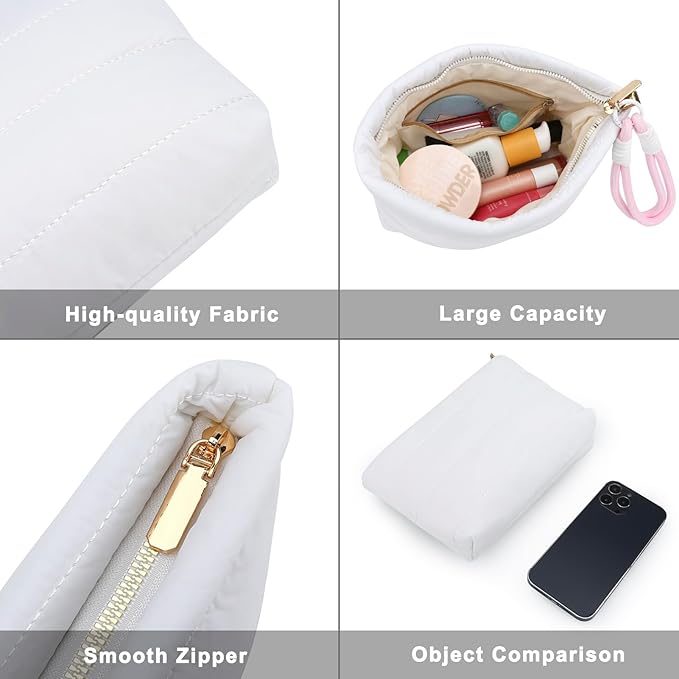 DOB SECHS Quilted Makeup Bag with Handle Detachable Cute Puffy Cotton Cosmetic Bags for Women, Small Puffer Toiletry Zipper Make Up Pouch, Quilt Clutch Bag Travel Organizer Storage Pouches Case, White