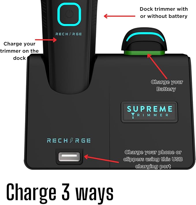 Supreme Trimmer Recharge ST777 – Professional Barber Trimmer with 2 Removable Batteries | 8000 RPM Motor, Zero Gap DLC Blades, Smart Charging Dock, USB-C Fast Charge