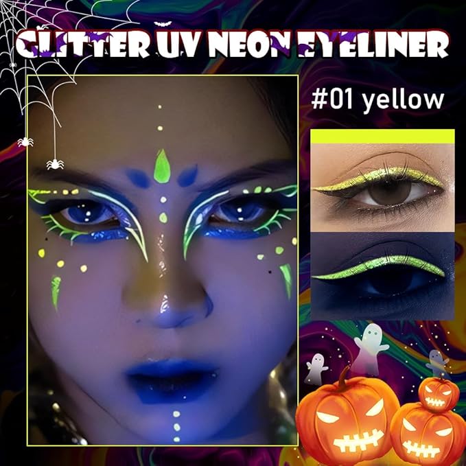 evpct Yellow Shimmer Eyeliner UV Neon Gel Eyeliner Pencil Makeup, Rainbow Halloween Colored Colorful Gel Eye Liner Pen Glow in Dark Makeup, Long Lasting Waterproof Eyeliners for Face Body Painting