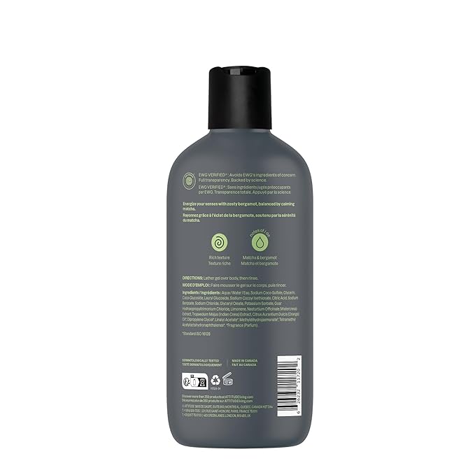 ATTITUDE Shower Gel Body Wash for Men, 98% Natural Origin Ingredients, Paraben & Phthalate Free, EWG Verified, Cleanses Without Drying, Matcha & Bergamot, 14 Fl Oz (Pack of 3)