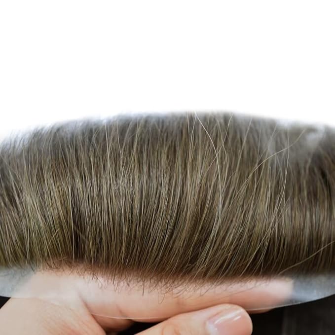 Mens Toupee Human Hair Piece French Lace Toupee for Man Hair System Indian Human Hair Replacement Systems V-Looped PU Front Hairpieces 7"X10" #310 Dark Brown with 10% Gray