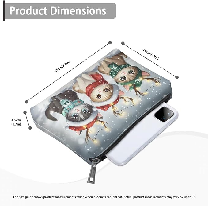 COEQINE Christmas Makeup Bag For Purses for Women Cute Cat Money Bags With Zipper Leather Cosmetic Bag For Purse Cute Soft Aesthetic Travel Toiletry Bag for Womens Birthday Gifts