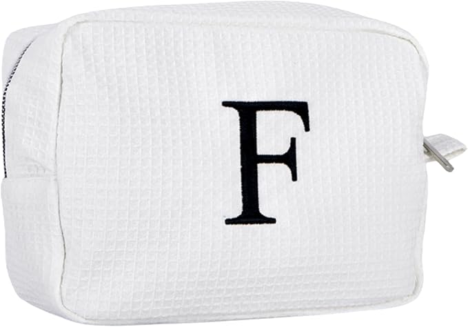 Personalized White Waffle Makeup Bag,Custom Embroidered Initial Cosmetic Pouch for Women,Monogrammed Cosmetic Case,Bridesmaid Gifts (F)