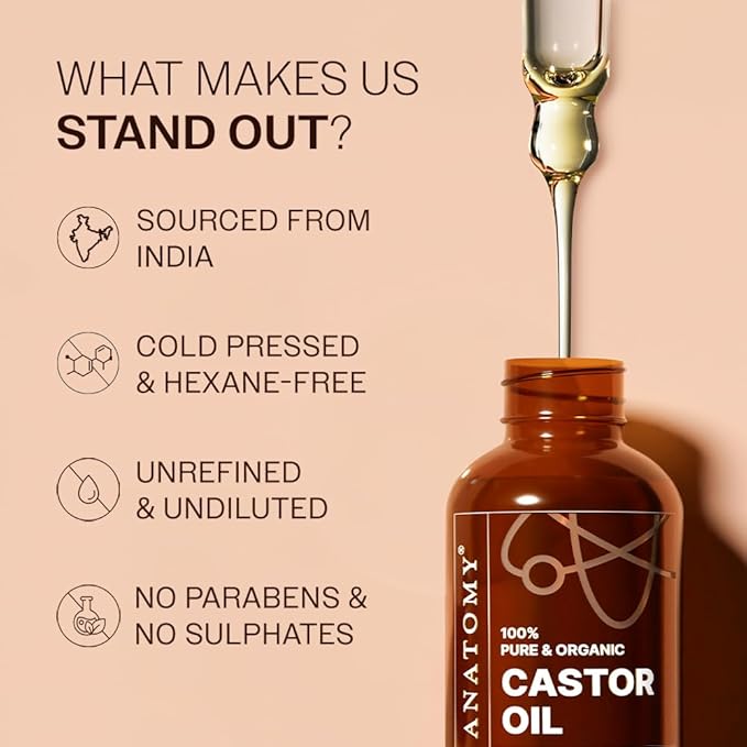 Bare Anatomy 100% Pure & Organic Castor Oil –Cold Pressed, Unrefined, USDA Certified, Hexane-Free | For Hair Growth, Thicker Eyelashes & Eyebrows| Suitable for Body, Skin & Nails | 50 ml