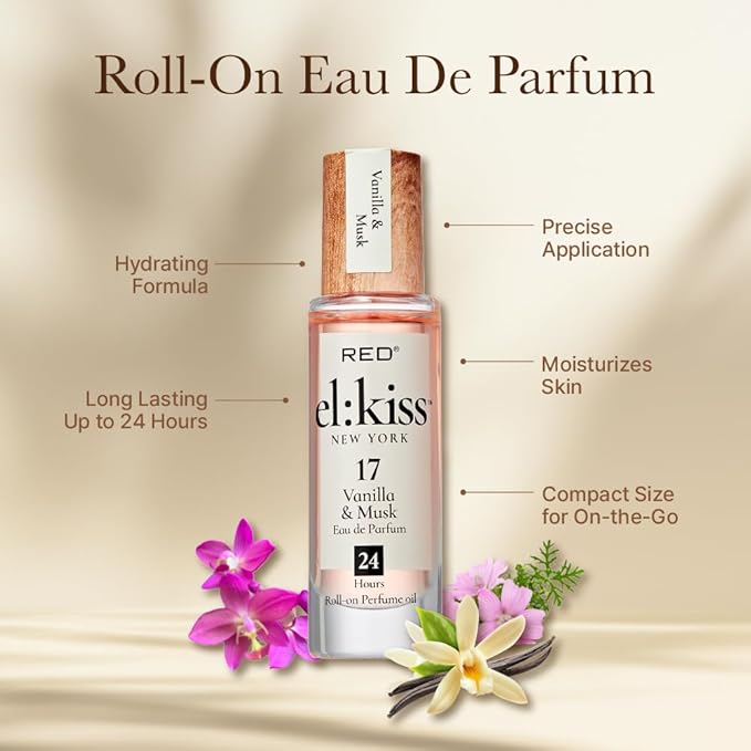 EL:KISS Roll On Perfume, Vanilla & Musk Inspired by Lattaf. Yara, Eau de Parfum 12mL (.40 Fl Oz), Hydrating & Long-Lasting, Alcohol & Mineral Oil-Free, Infused With Jojoba, Argan & Coconut Oil