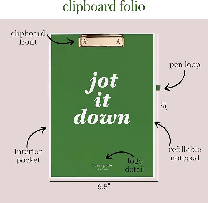 Kate Spade New York Clipboard Folio with Low Profile Clip, Professional Padfolio Includes Lined Notepad, Pen Loop, and Pocket (Jot it Down)